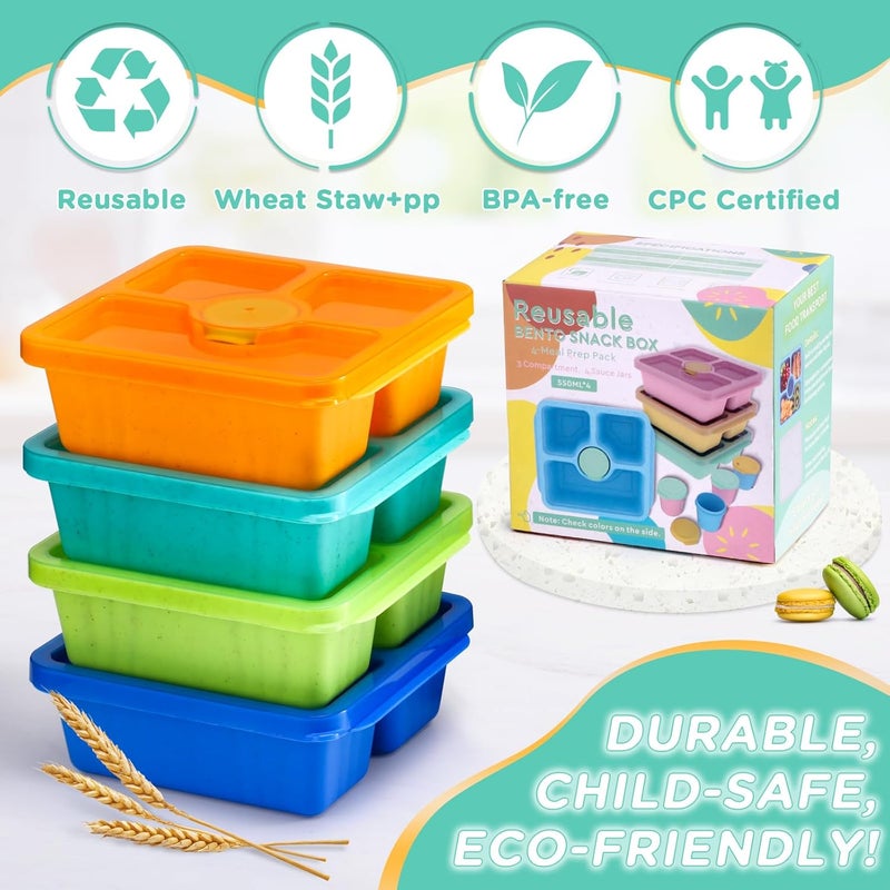 QQKO Bento Snack Boxes for Adults & Kids, Lunchable Meal Prep Containers - 4 Pack Divided Food Storage with Lids, Stackable Lunch Boxes with Sauce Cups, Jewel - Image 3